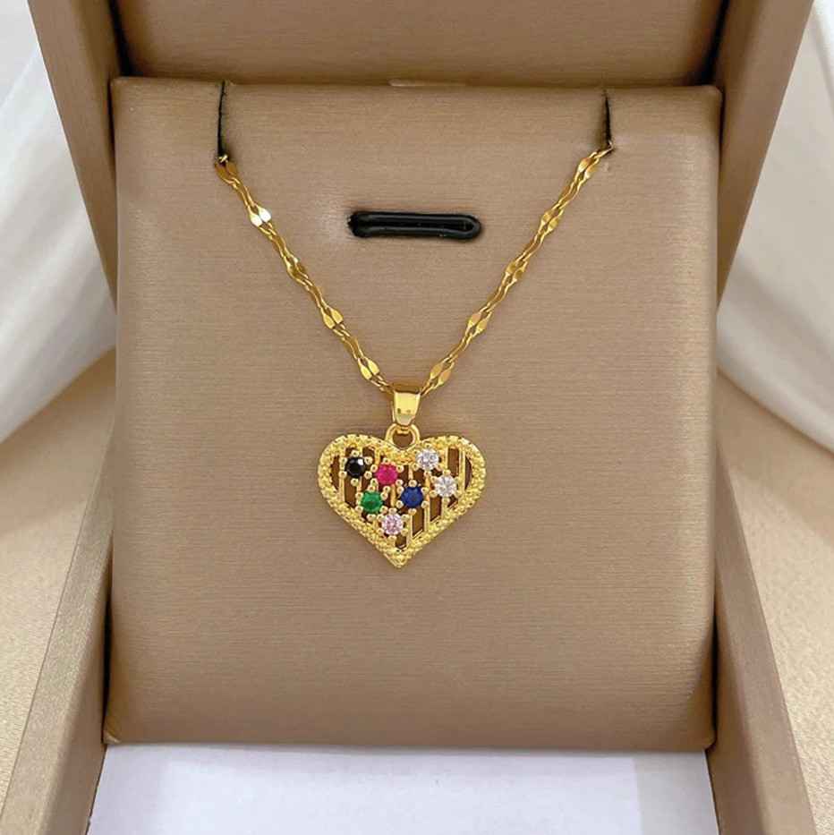 1pc Heart Zirconia Necklace Gold Color Stainless Steel O-Chain – NEW