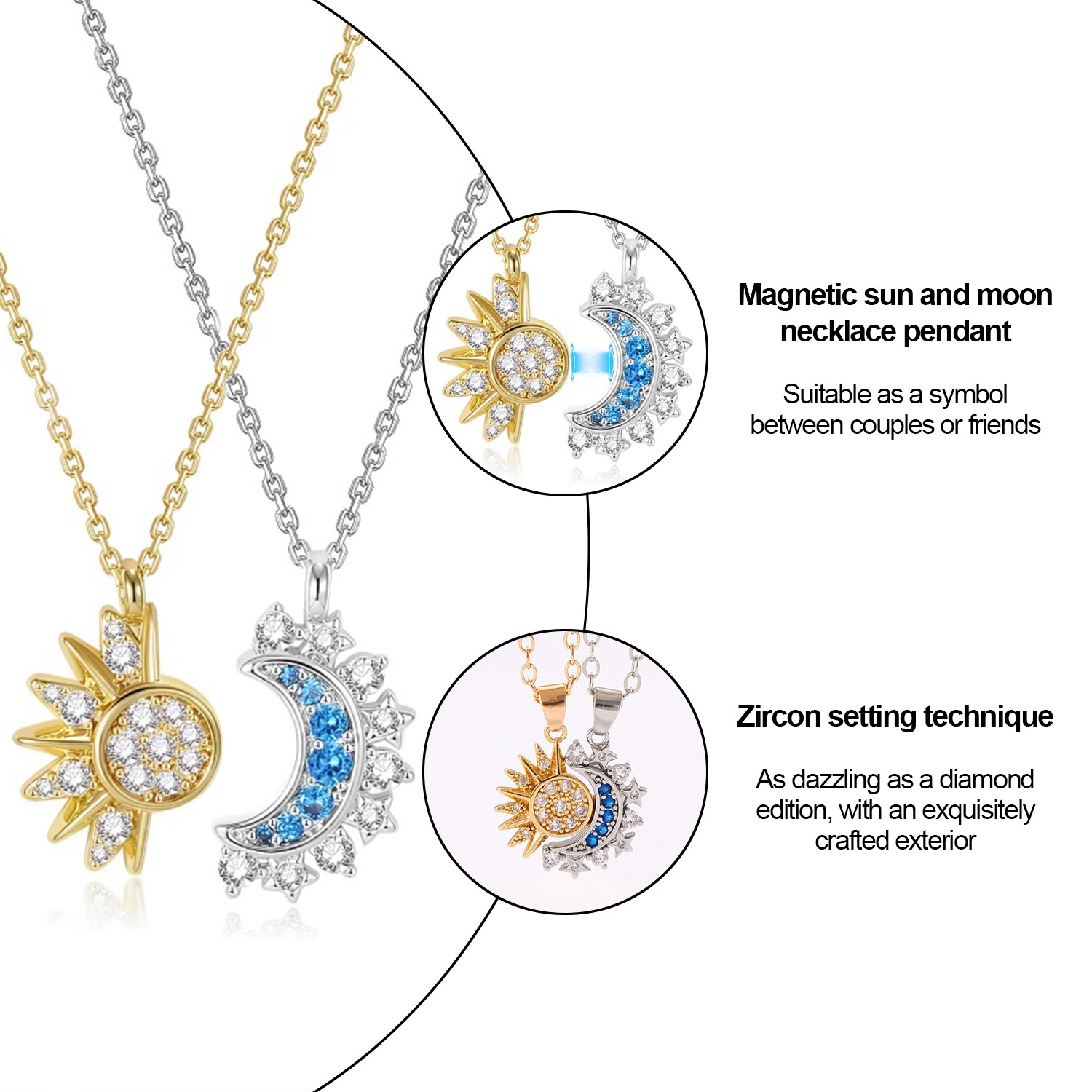Blue Gemstone Sun & Moon Matching Necklace Set Magnetic & Adjustable Stainless