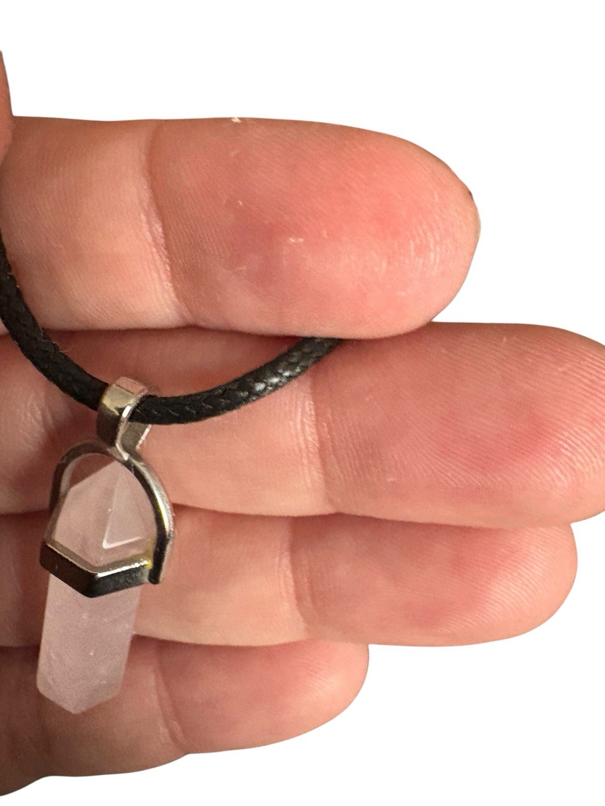 Black & Rose Quartz Point Pendant Necklace – Double Crystal, Faux Leather Cord