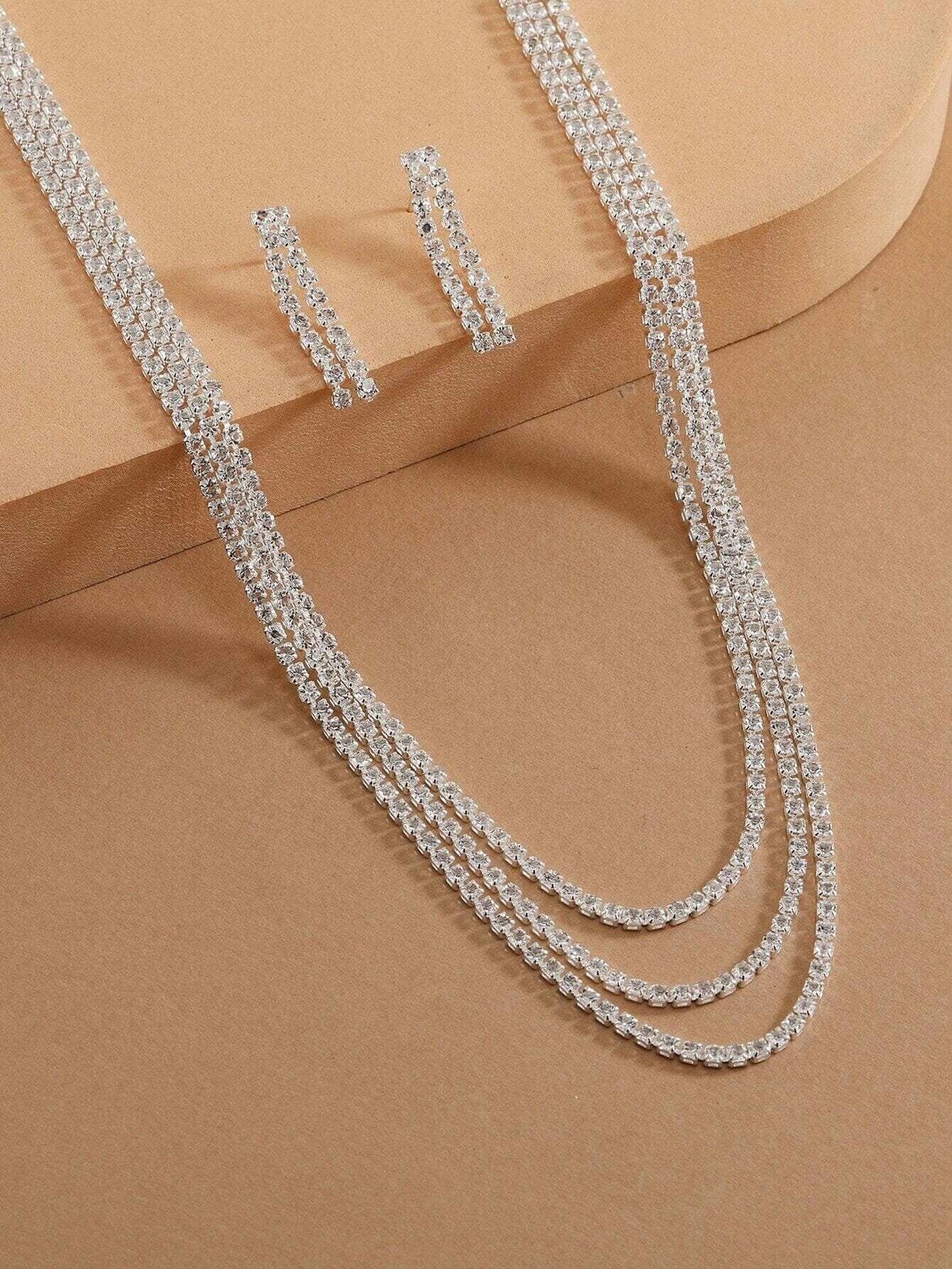 Bridal Rhinestone Crystal Multi Layer Necklace and Earrings 3 PC Jewelry Set