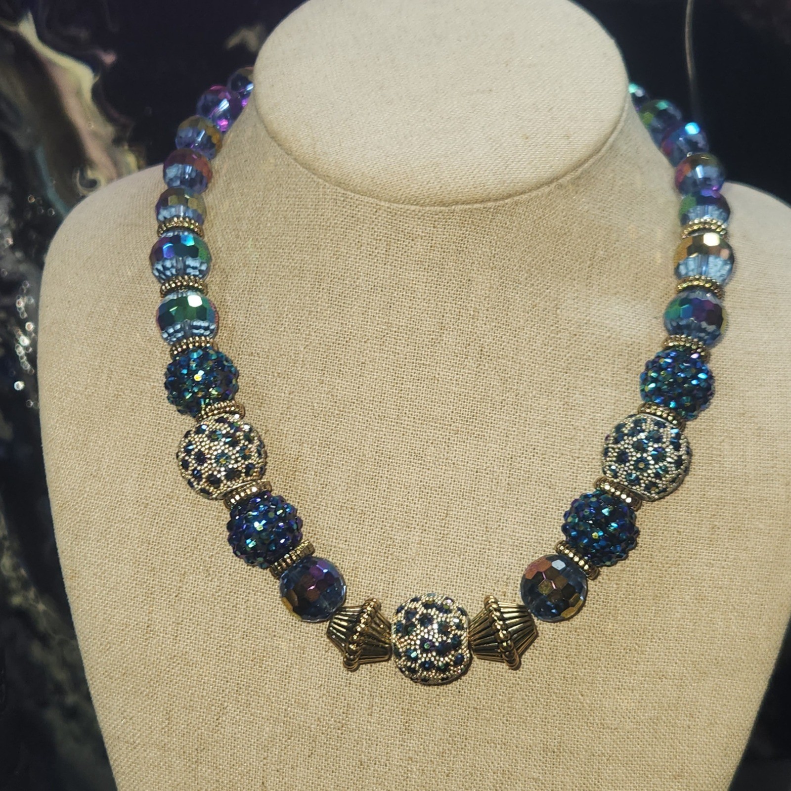 Blue Aurora Borealis Crystal Bead Necklace Gold Tone Pave Disco Ball 16 Inch