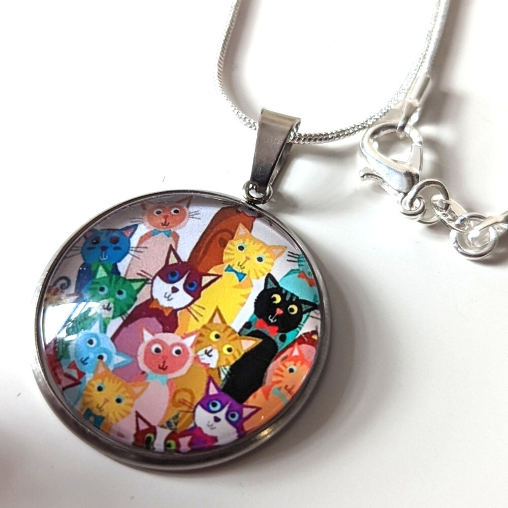 Cartoon Cats Hand Crafted Stainless Steel Charm Stamped Sterling Silver Necklace