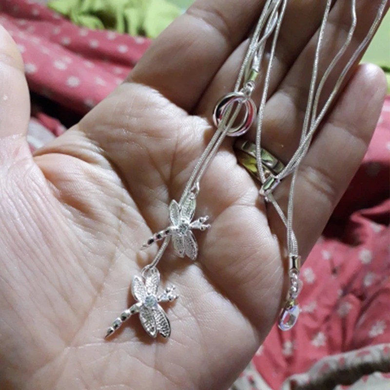 DOTEFFIL 925 Silver Double Dragonfly Necklace Women Wedding Engagement Gift