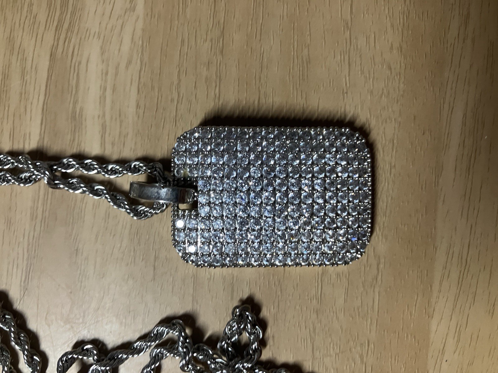 Mens Iced Out CZ Dog Tag Pendant Necklace Silver Tone Hip Hop Rope Chain Bling