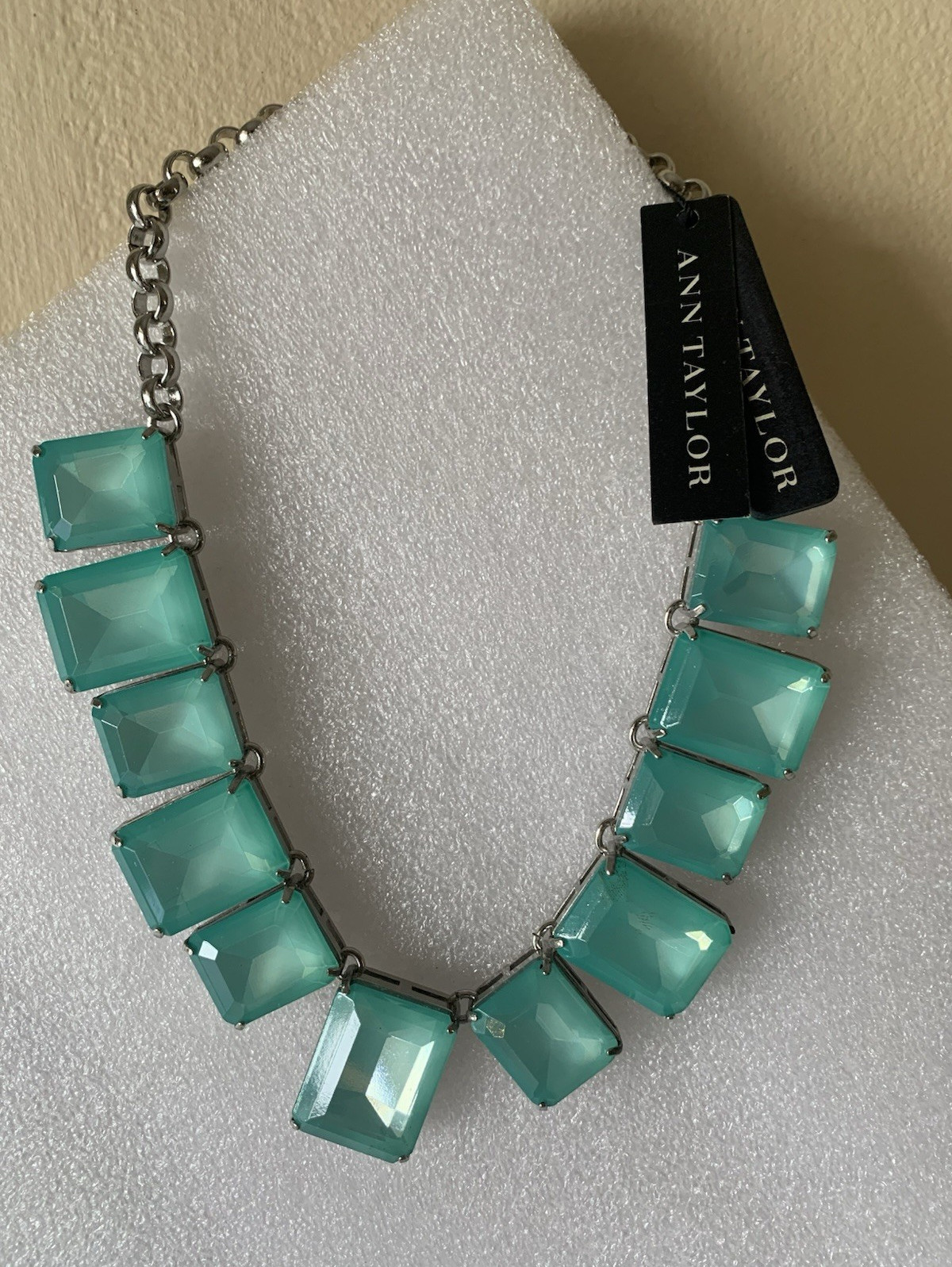 ANN TAYLOR Silver-Tone Cable Chain Statement Necklace, Blue Square Crystal