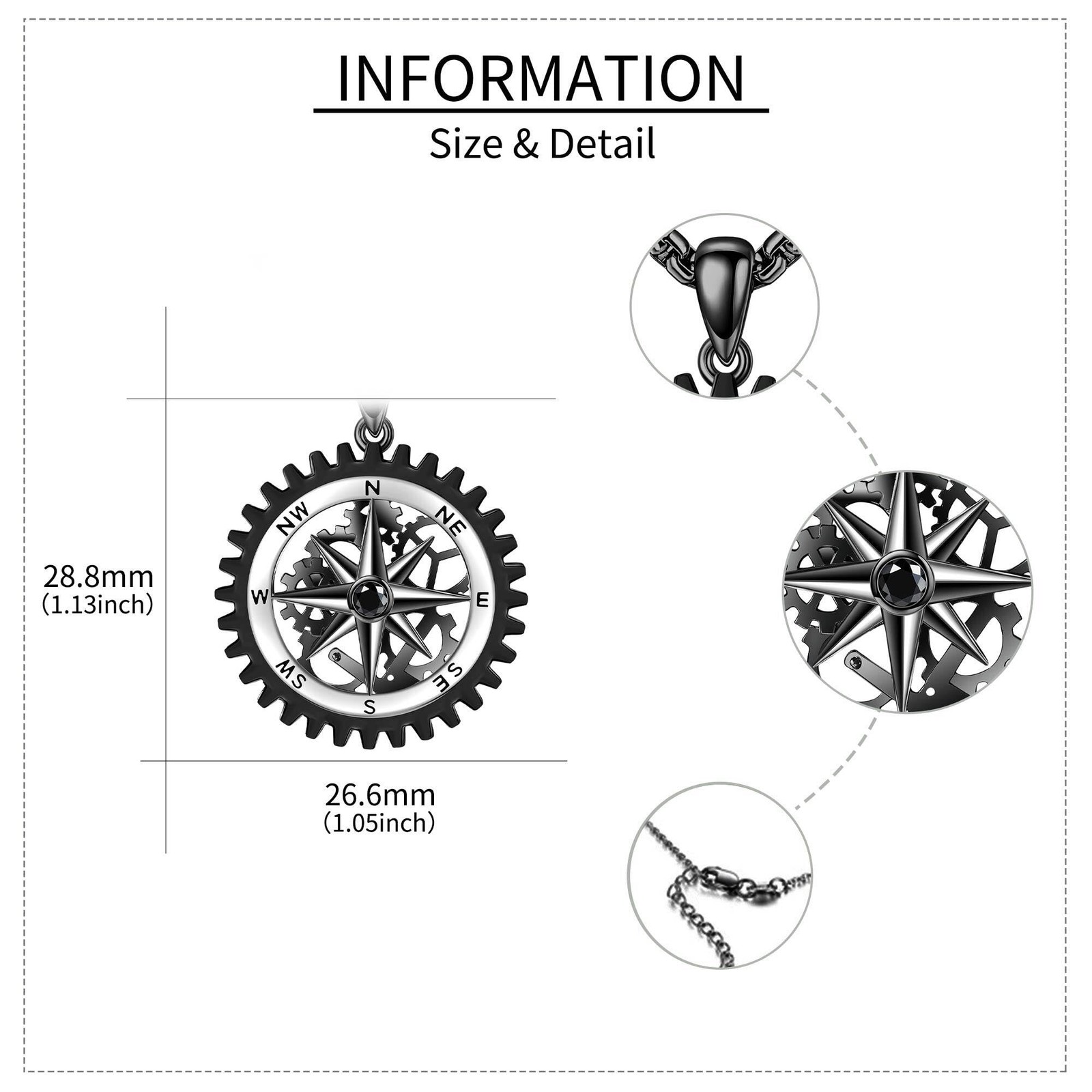 Compass Necklace for Men 925 Sterling Silver Black Compass Pendant for Men Co…