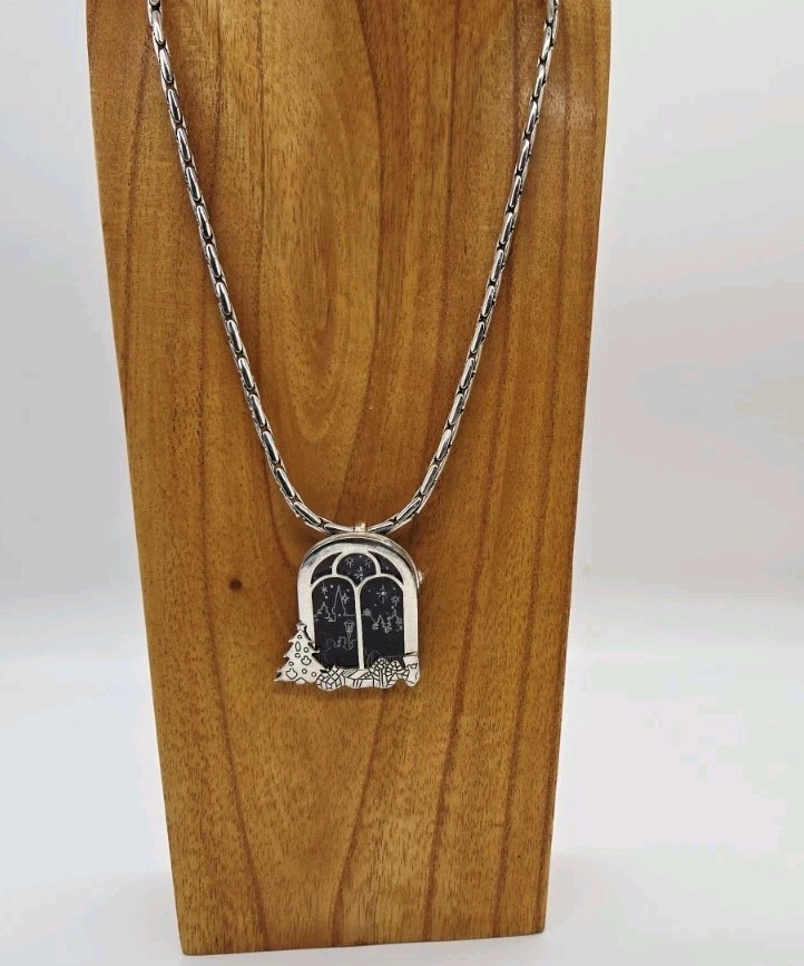 CHRISTMAS Pendant Necklace Brooch Window Scene Silver tone Necklace 20 in