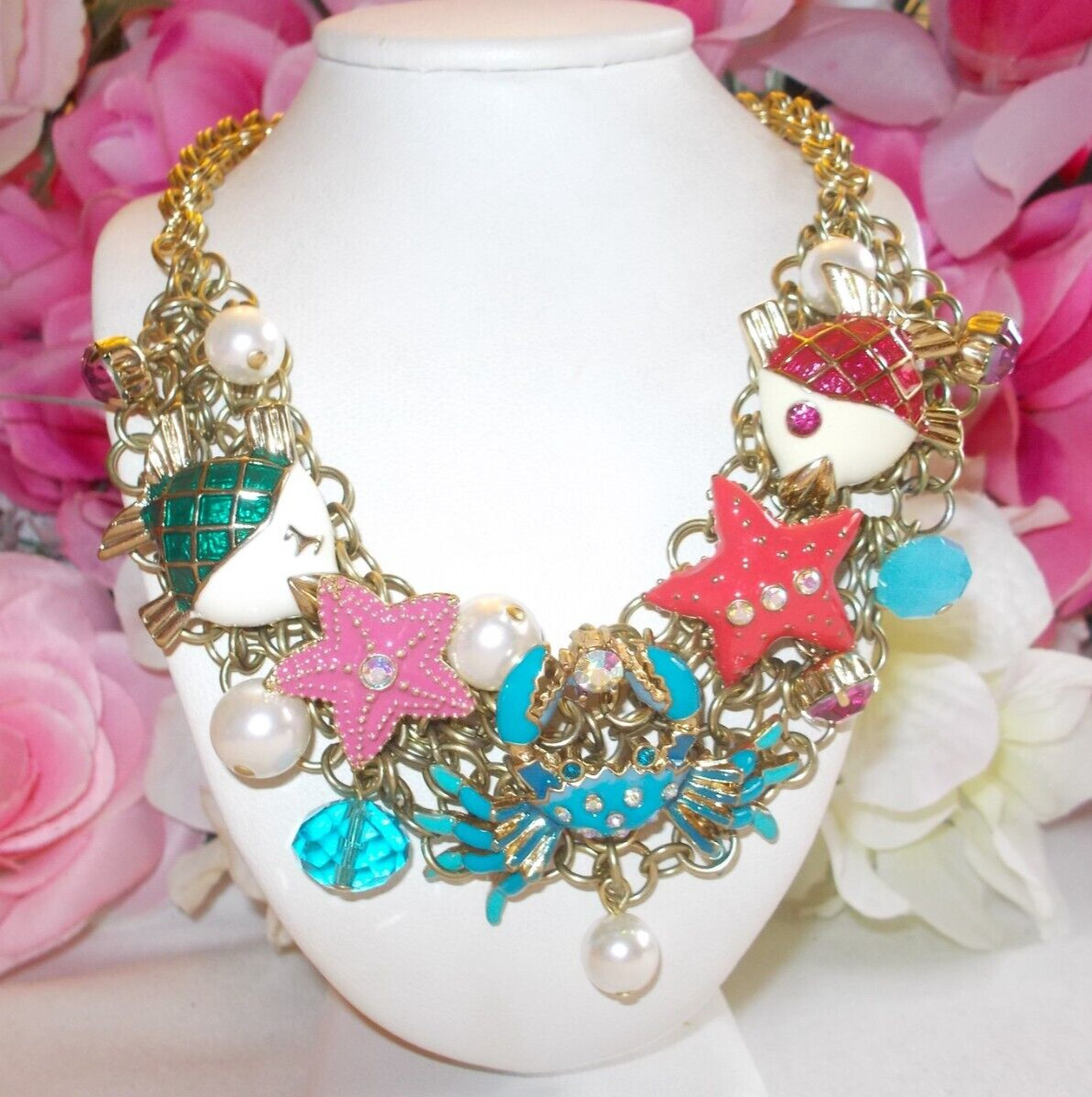 BETSEY JOHNSON LOVELY SEA LIFE CRYSTAL AND ENAMEL MULTICHARM STATEMENT NECKLACE