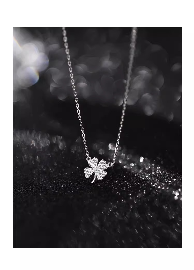 18K White Gold Plated Four Leaf Clover Necklace, Valentine’s Day Gift for Her