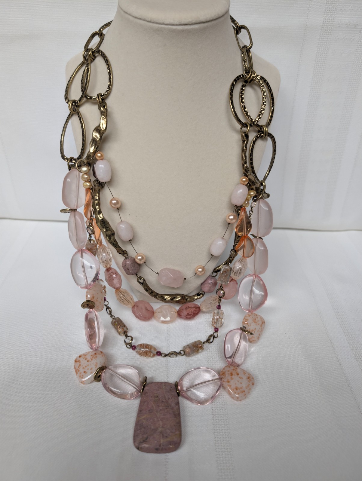 Bijoux Terner Pink Clear Beaded Stone Gold Toned Multi Strand Statement Necklace