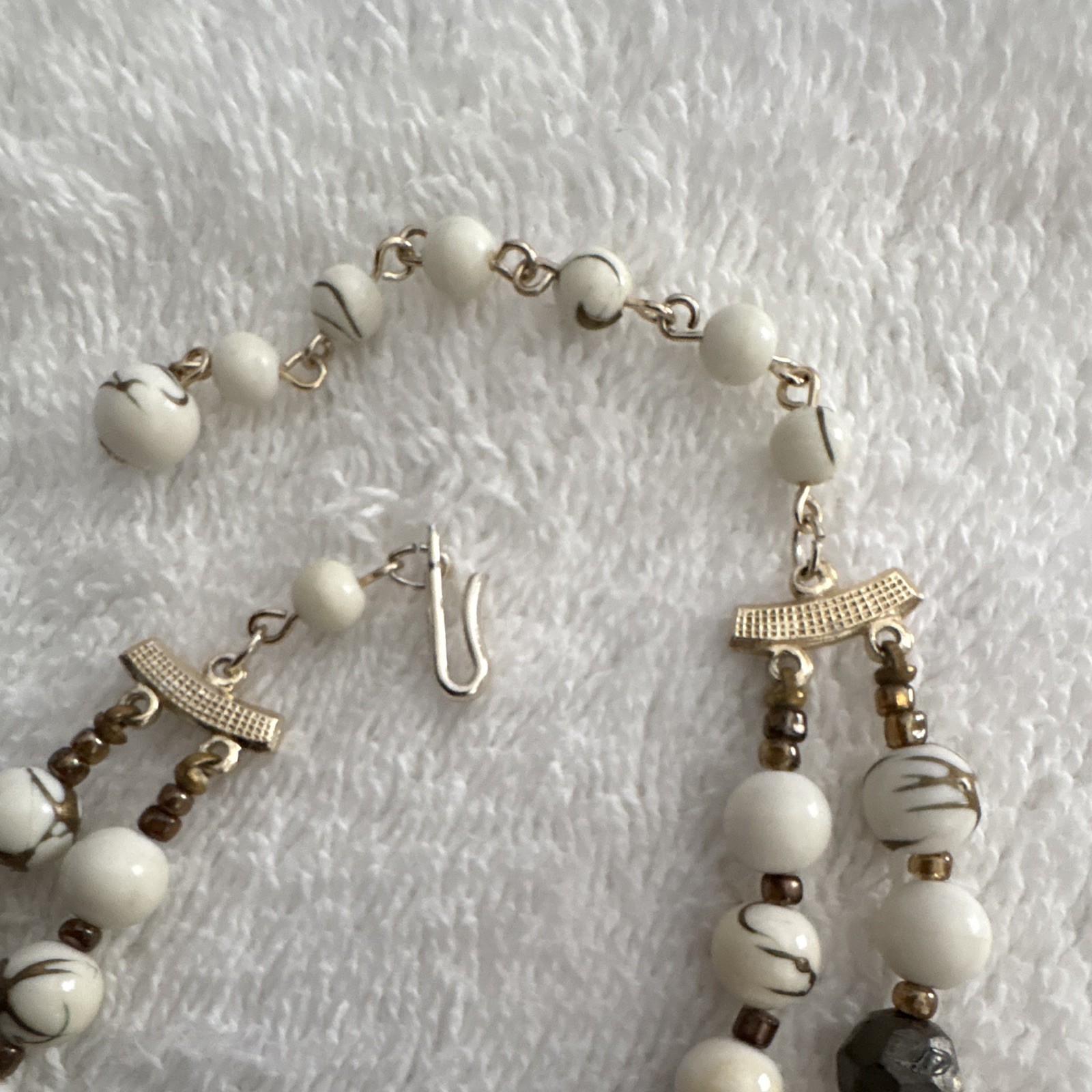 Layered Double Strand White & Gray Glass Bead Necklace w/ Crystal, Hook