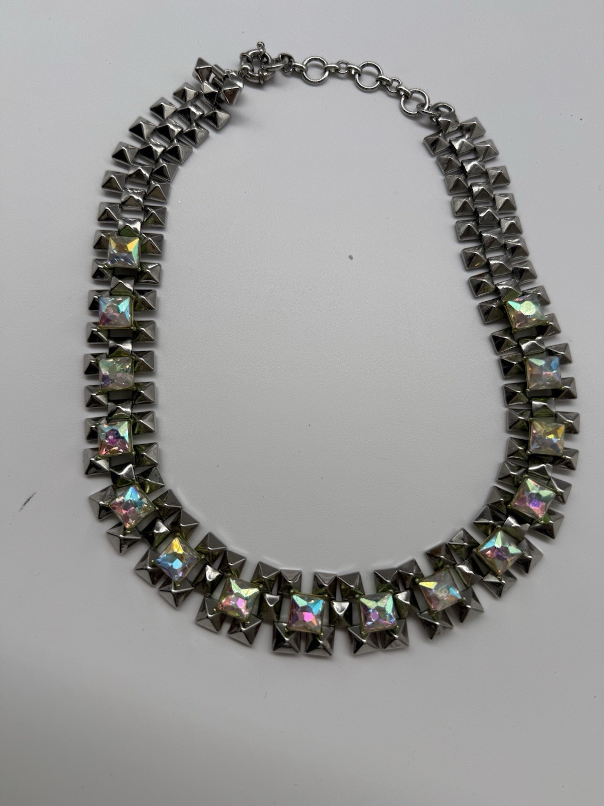 J.Crew Crystal Grid Chain Statement Necklace Iridescent Silver Rhodium Plated