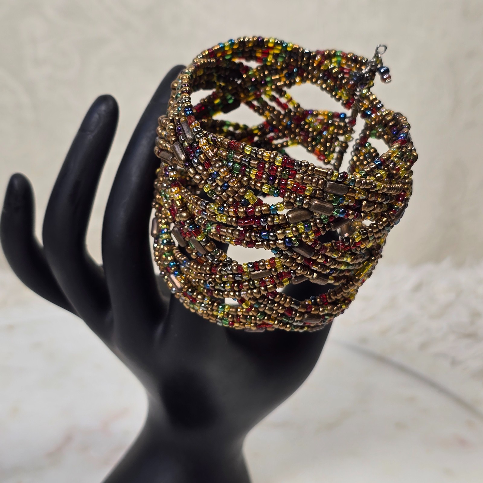Vintage Handmade Artisan Beaded Braided Cuff Bracelet