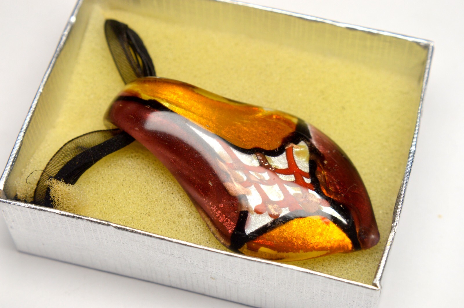 RRP 49,- NEW ITALY VENICE MURANO ORANGE & BROWN GLASS PENDANT IN BOX