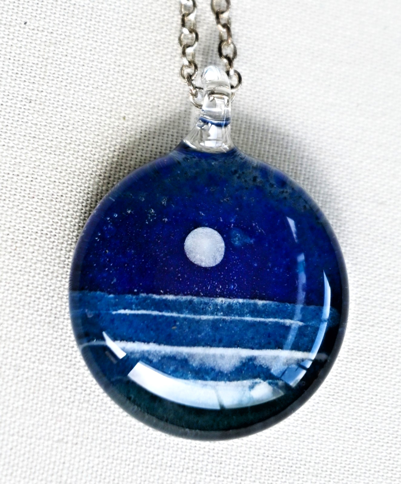 Glass Moonrise Pendant Necklace Art Lampwork Glass Beach Waves Night Scene