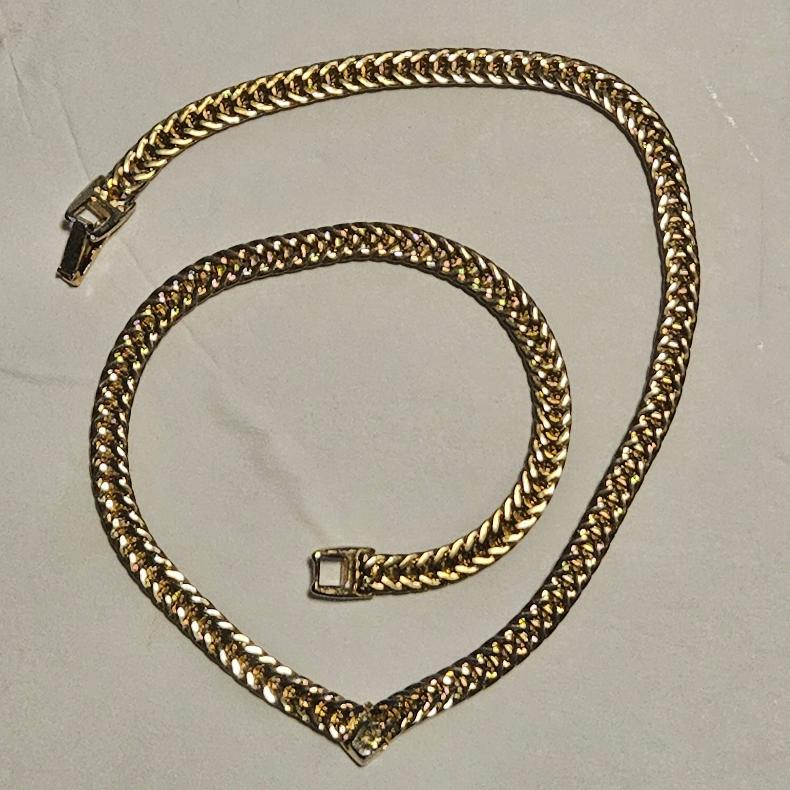 Vintage Gold Chevron Herringbone Chain Necklace 16″ Collar Mesh Boho Formal