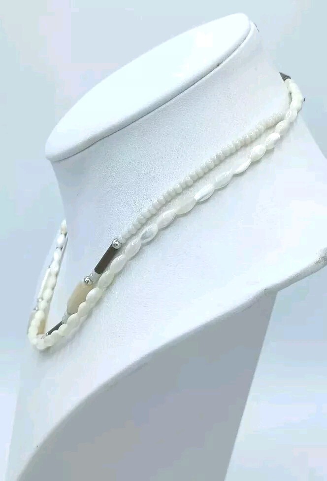 VTG Mother Of Pearl Shell Choker Necklace Set 2 Hand Carved Surfer Beach Unisex