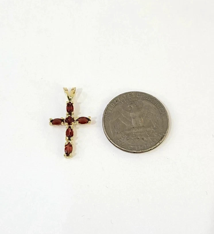 10K Yellow Gold Franco Chain Red CZ Cross Pendant Necklace 1mm 16 18 20 22 Women
