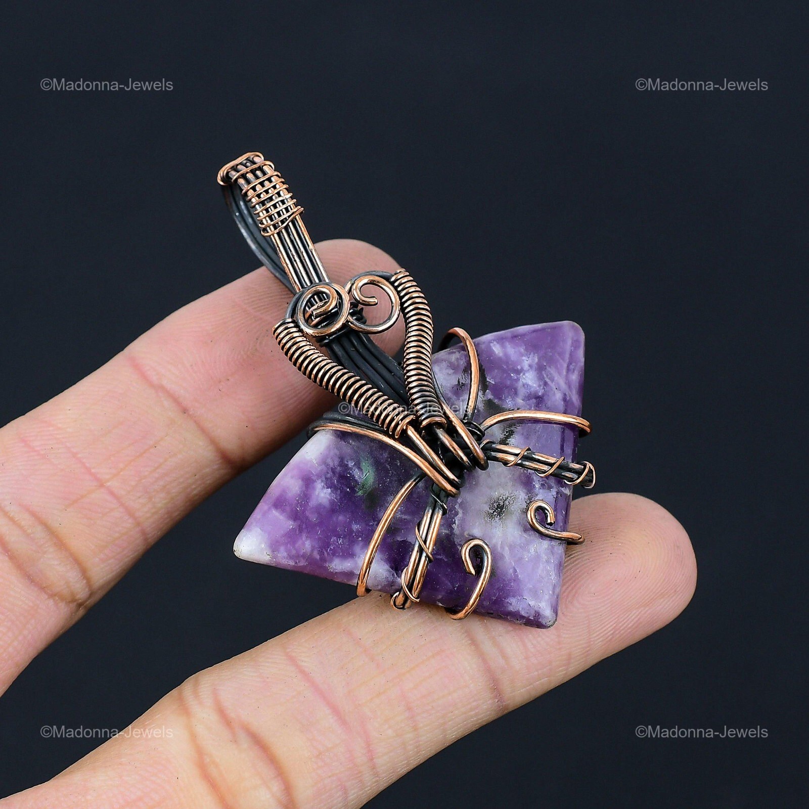 Trillion Lepidolite Gemstone Birthday Wire Wrapped Mother Pendant Jewelry Copper