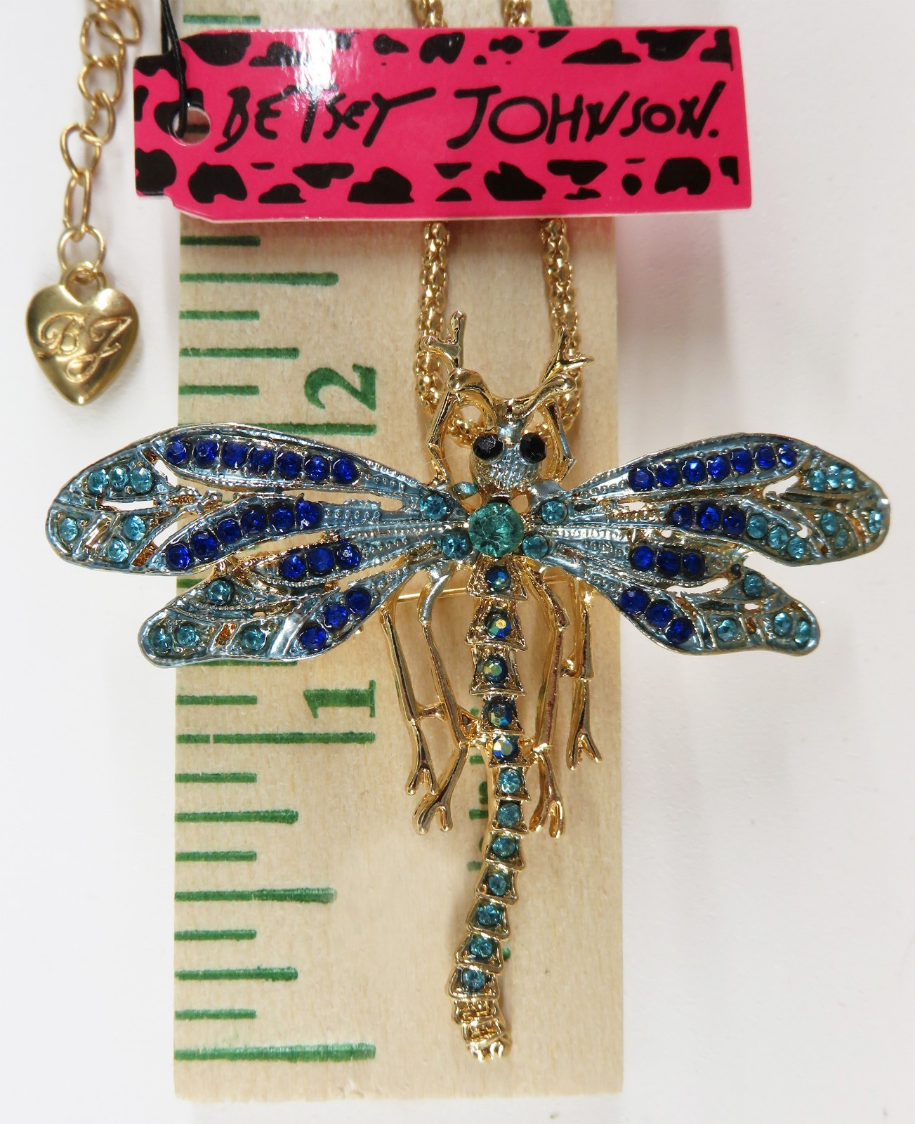 NWT-Betsey Johnson Blue Crystal Dragonfly Pendant Brooch on Goldtone Necklace
