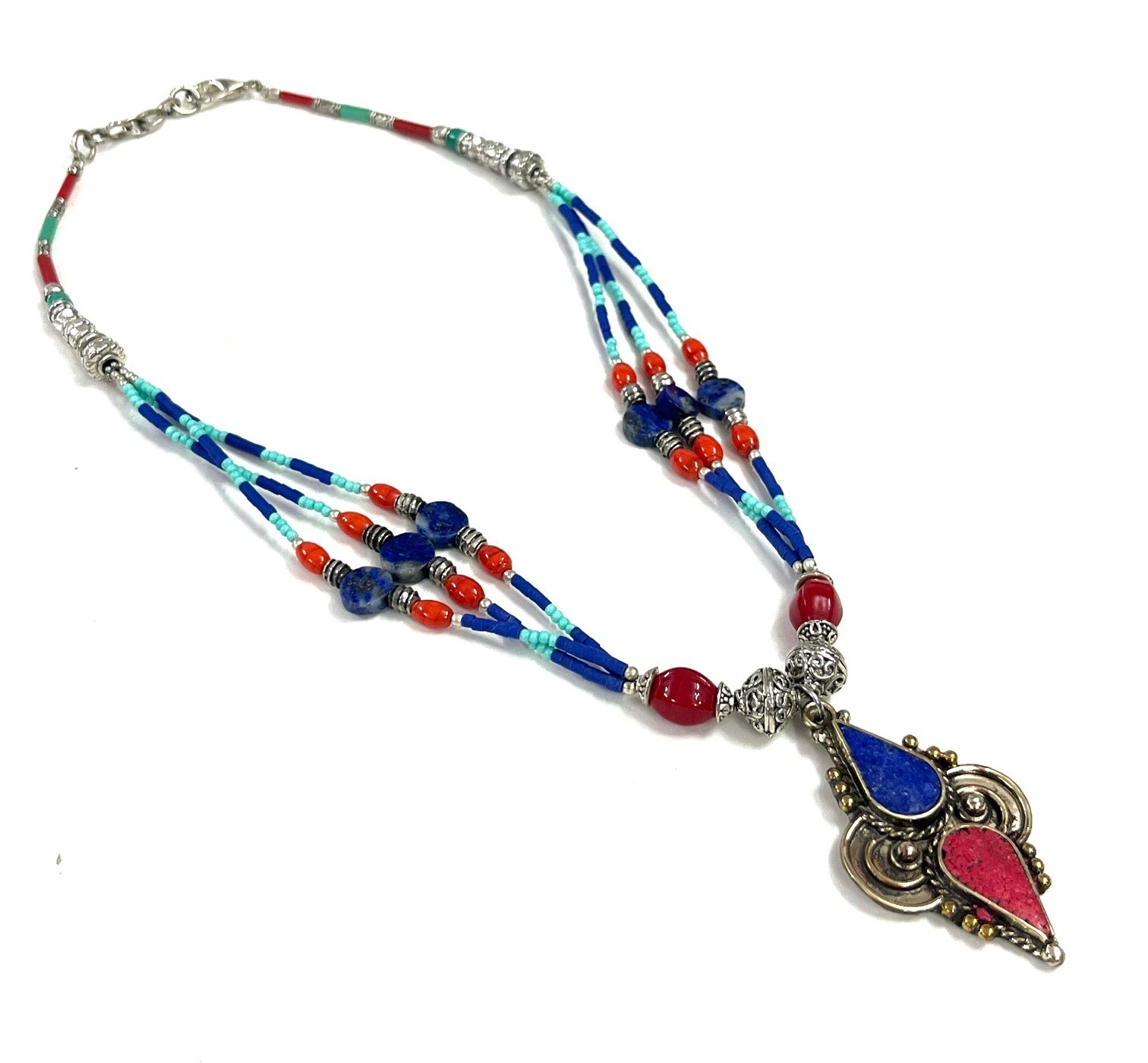 Antique Lapis Coral Gemstone Tibetan Statement Necklace Jewelry, 17 inch Adj