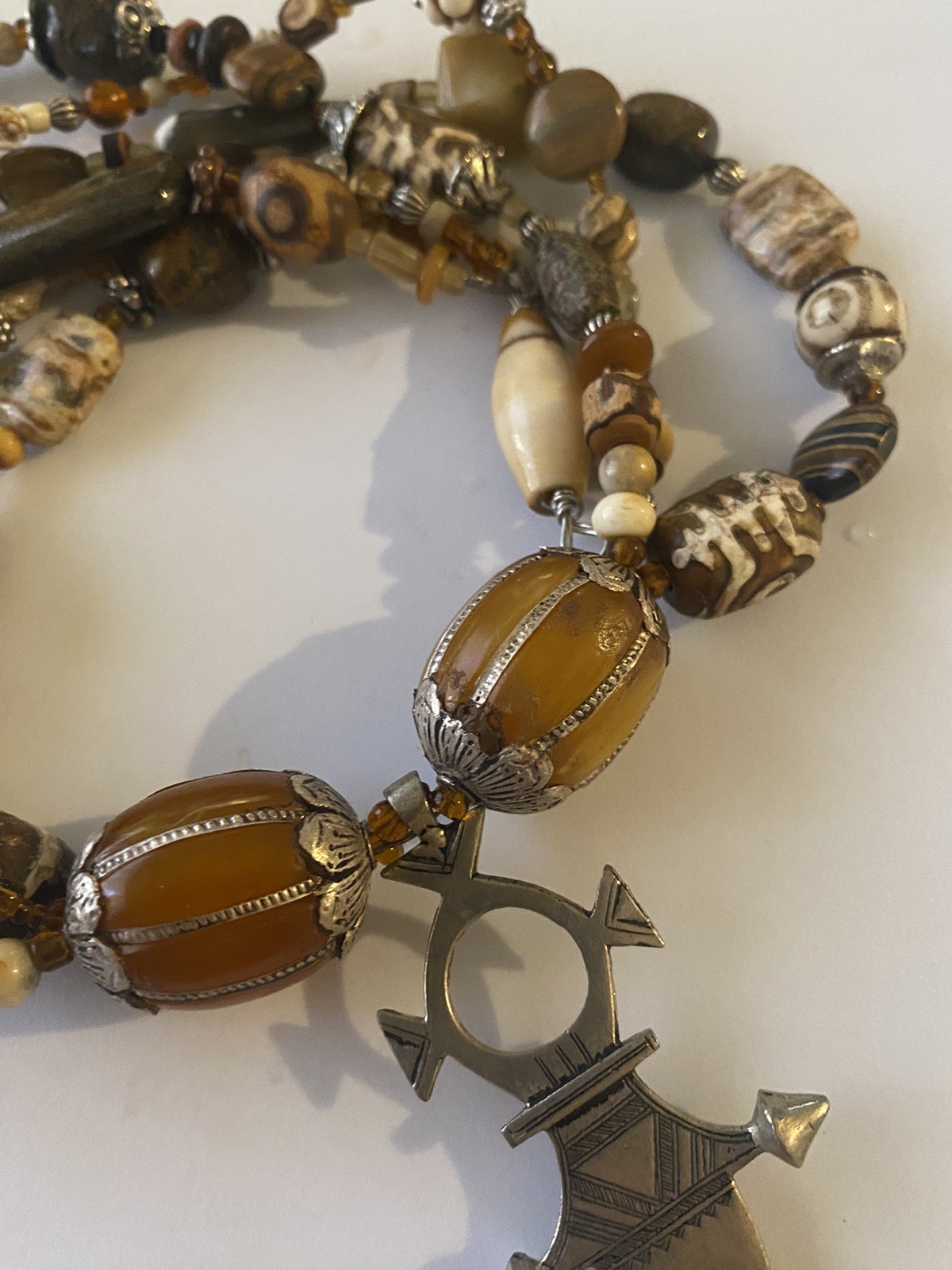 Global Trade Bead Necklace Amber Gemstone DZI Shell Glass Tuareg Cross Pendant