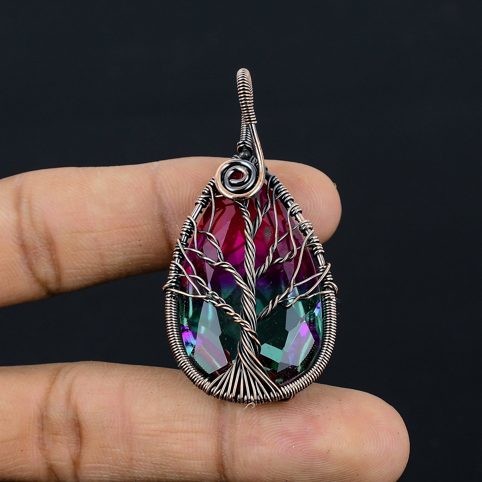 Bi Color Tourmaline Gemstone Copper Wire Wrap Jewely Pendant 2.2″ G558