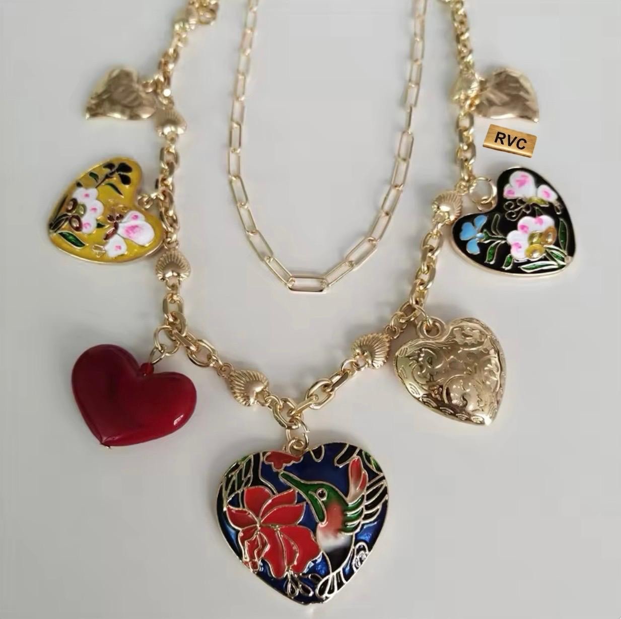 Chunky Statement Pack Of 2 Heart Charms Necklace Women’s Vintage Style Jewelry