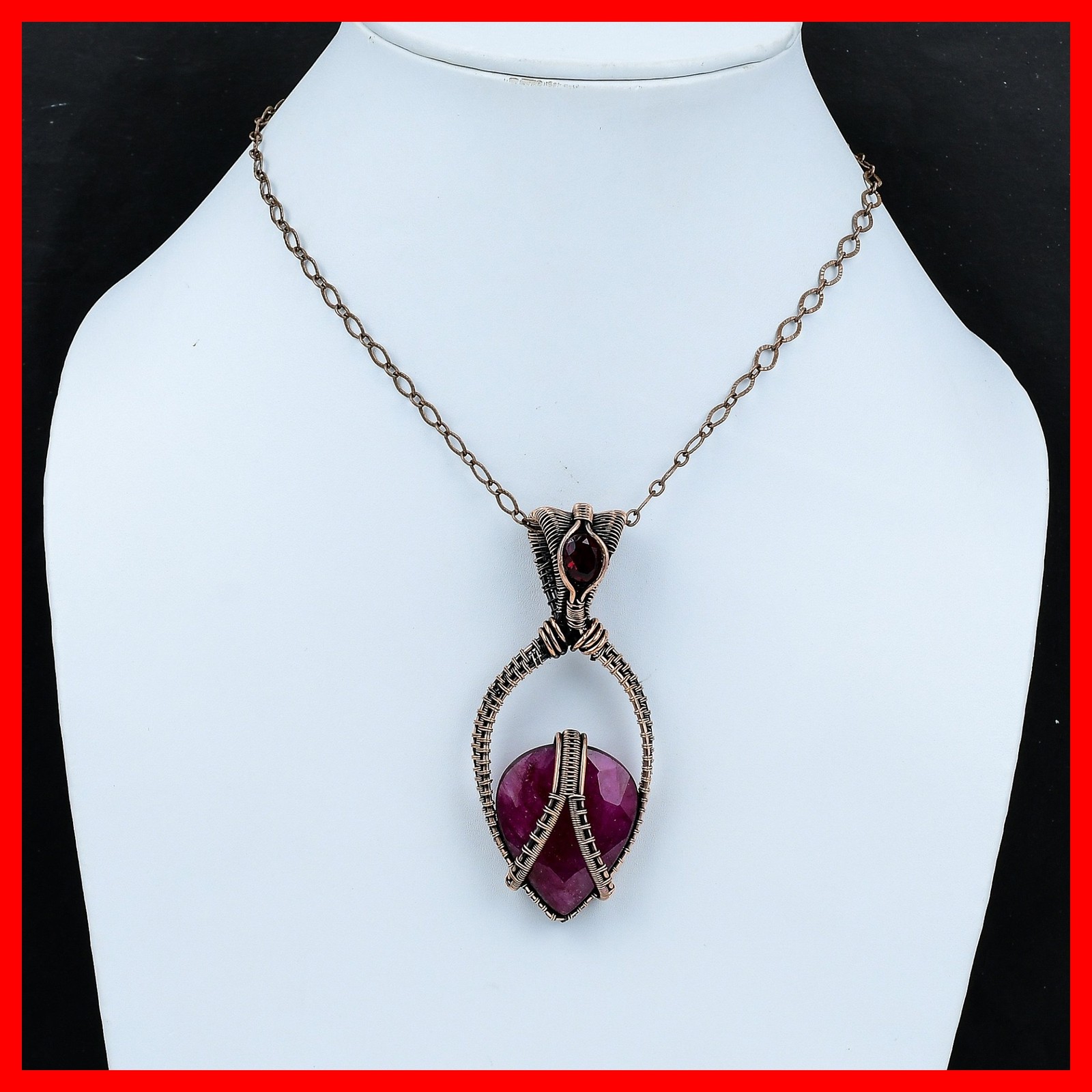 Kashmir Rubi Stone Mozambique Garnet Copper Wire Wrapped Trendy Pendant Jewelry