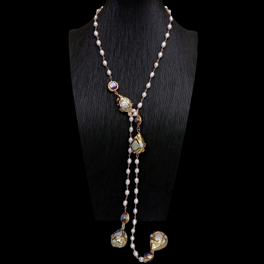 40″ Cultured Rice Pearl Larimar Purple Murano Glass Long Rosary Chain Necklace