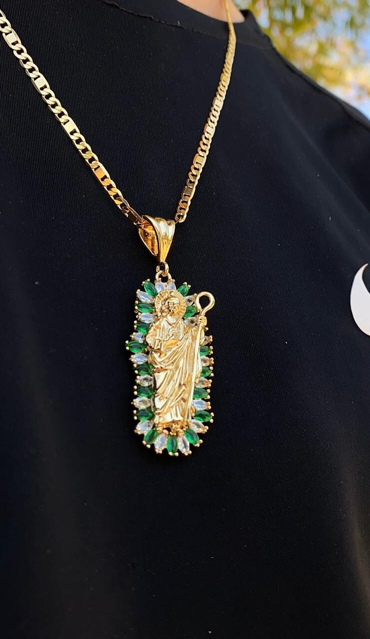 San Juditas CZ Necklace 24″ Figaro Valentino Chain Pendant Mens Adults Cadena