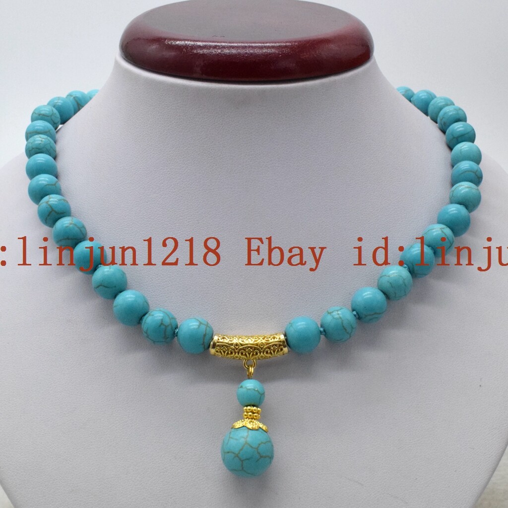 Natural 10mm Blue Turquoise Round Gemstone 8-10mm Pendant Beads Necklace 18”