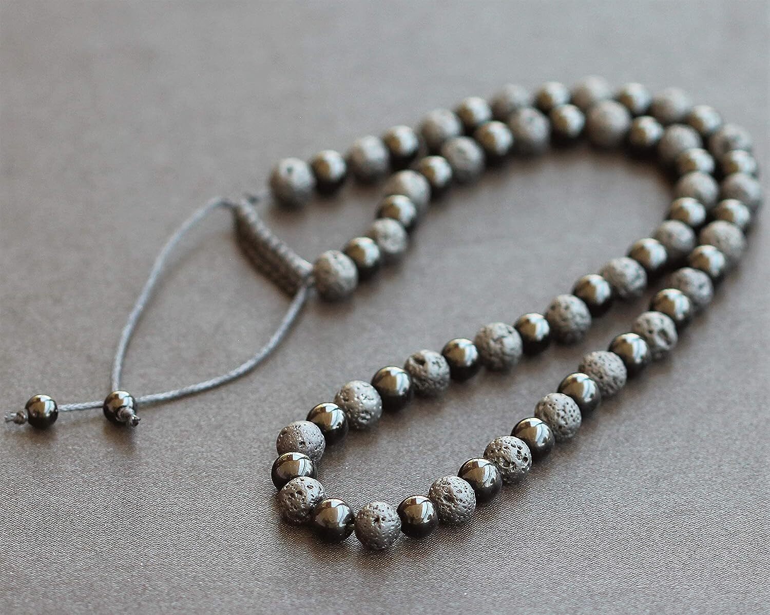 Mens Long Necklace Natural Black Lava & Black Onyx Beaded Healing Adjustable
