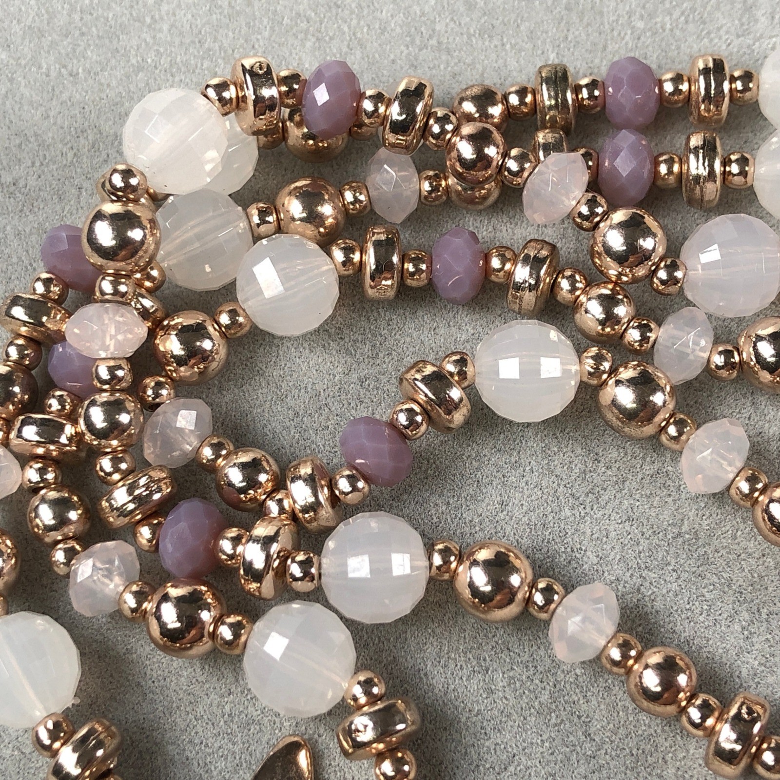 NY New York & Company Flapper Necklace Gold Tone Tassel Pink Glass Beaded Lariat