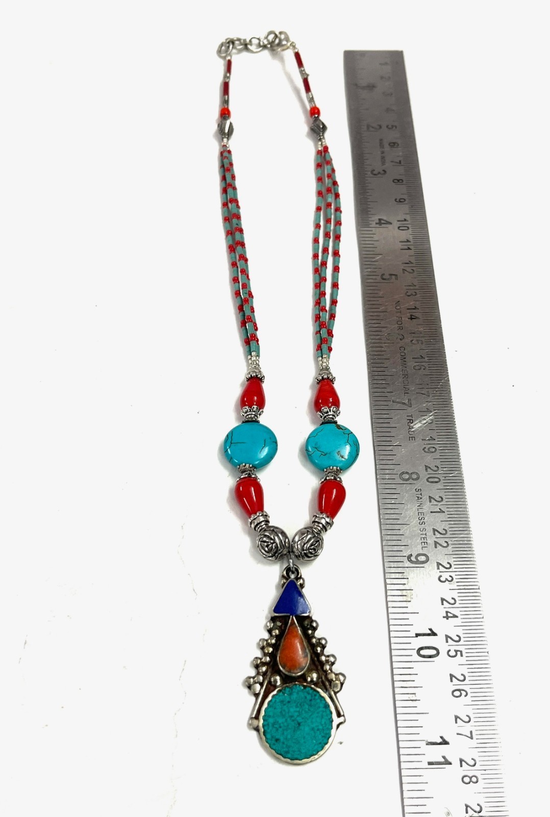 Antique Turquoise Coral Gemstone Tibetan Bohemian Necklace Jewelry, 18 Inc Adjs