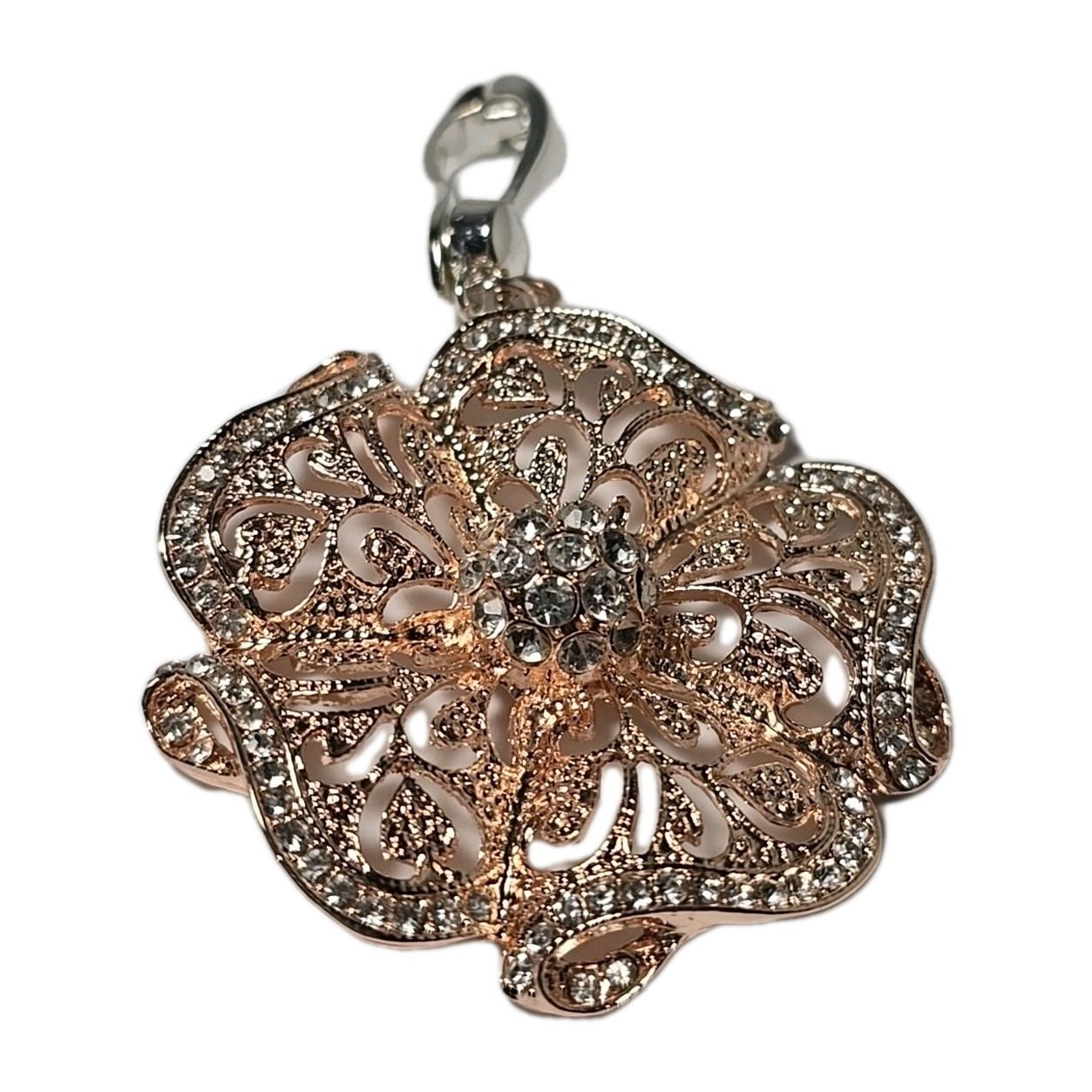 Roman (RMN) Rose Gold Flower Pendant Signed W/ Rhinestones Signed Wearable Art