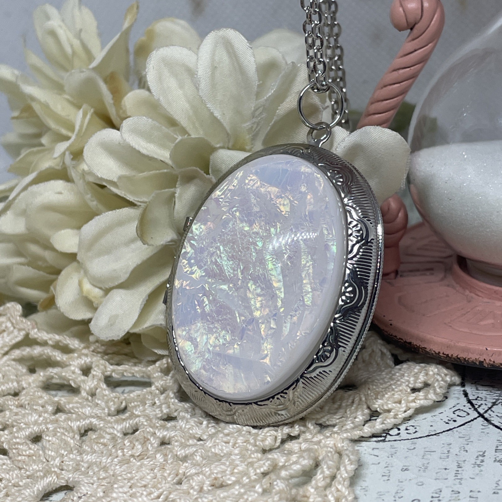 Silver New Photo Locket Opal Wedding Necklace Mom Daughter Birthday Anniversary