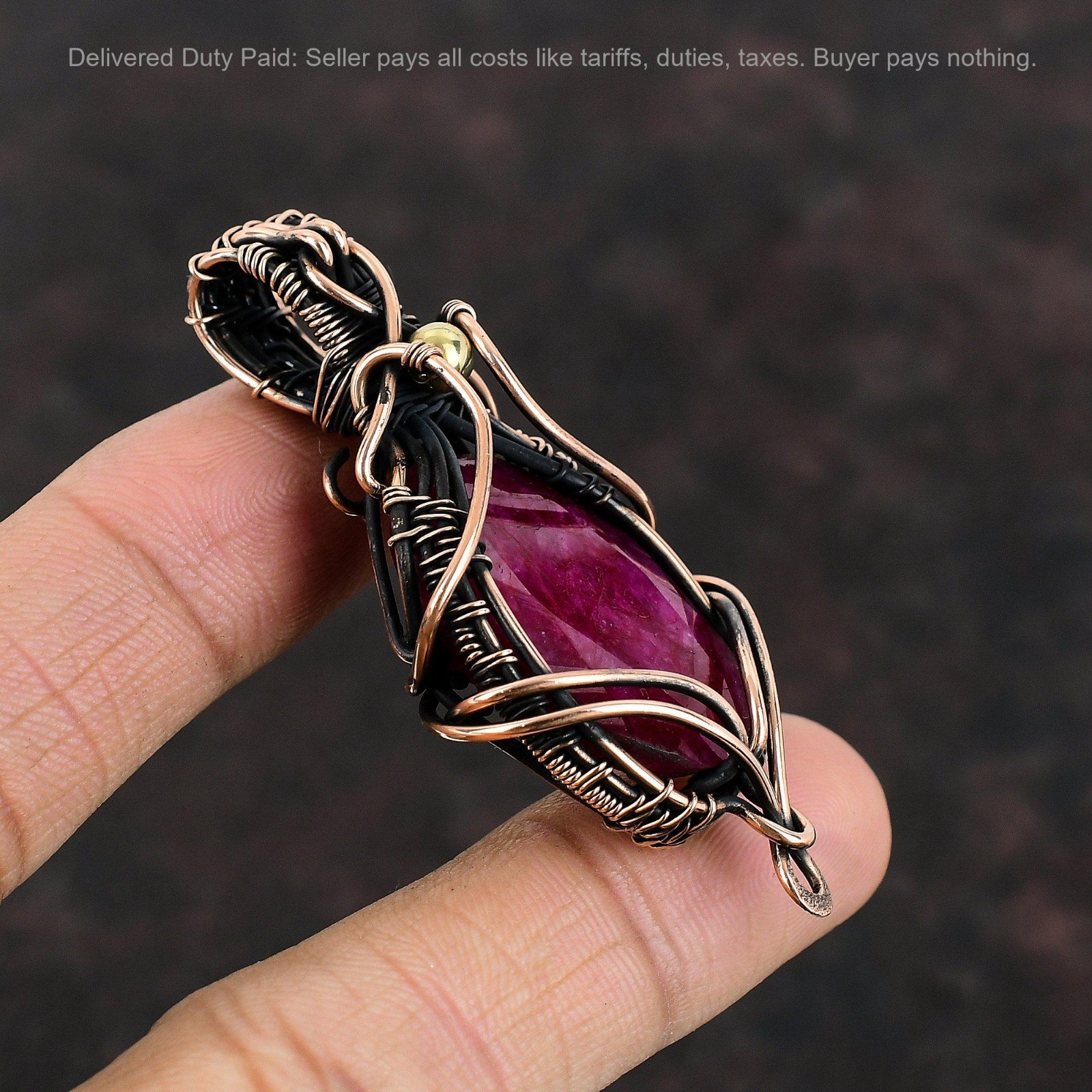 Copper Oval Natural Kashmir Rubi Wire Wrapped Art Deco Artisan Pendant Jewelry
