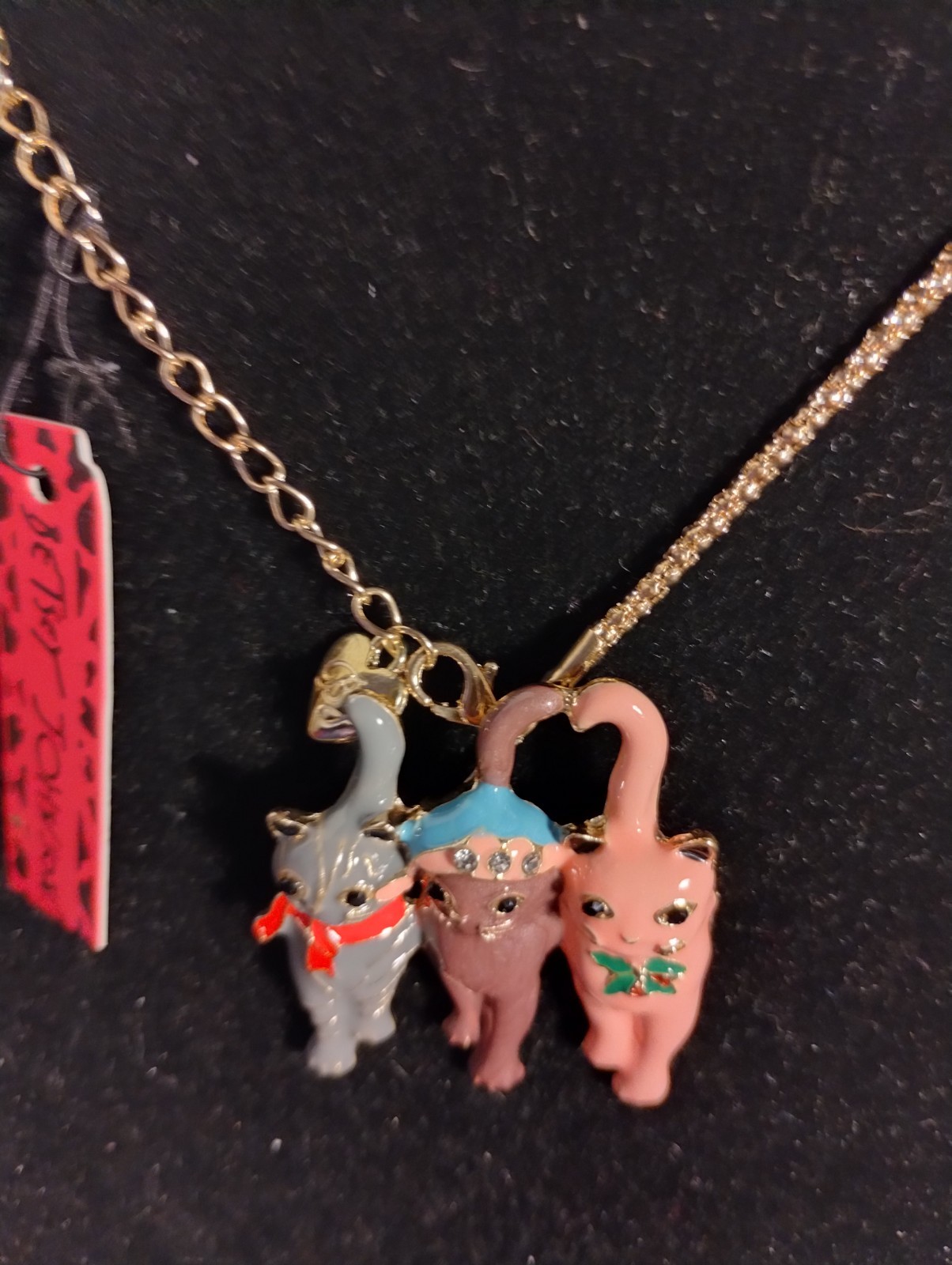 Betsey Johnson 3 Grey, Brown & Pink Cats Enamel Necklace/Pin New With Tags