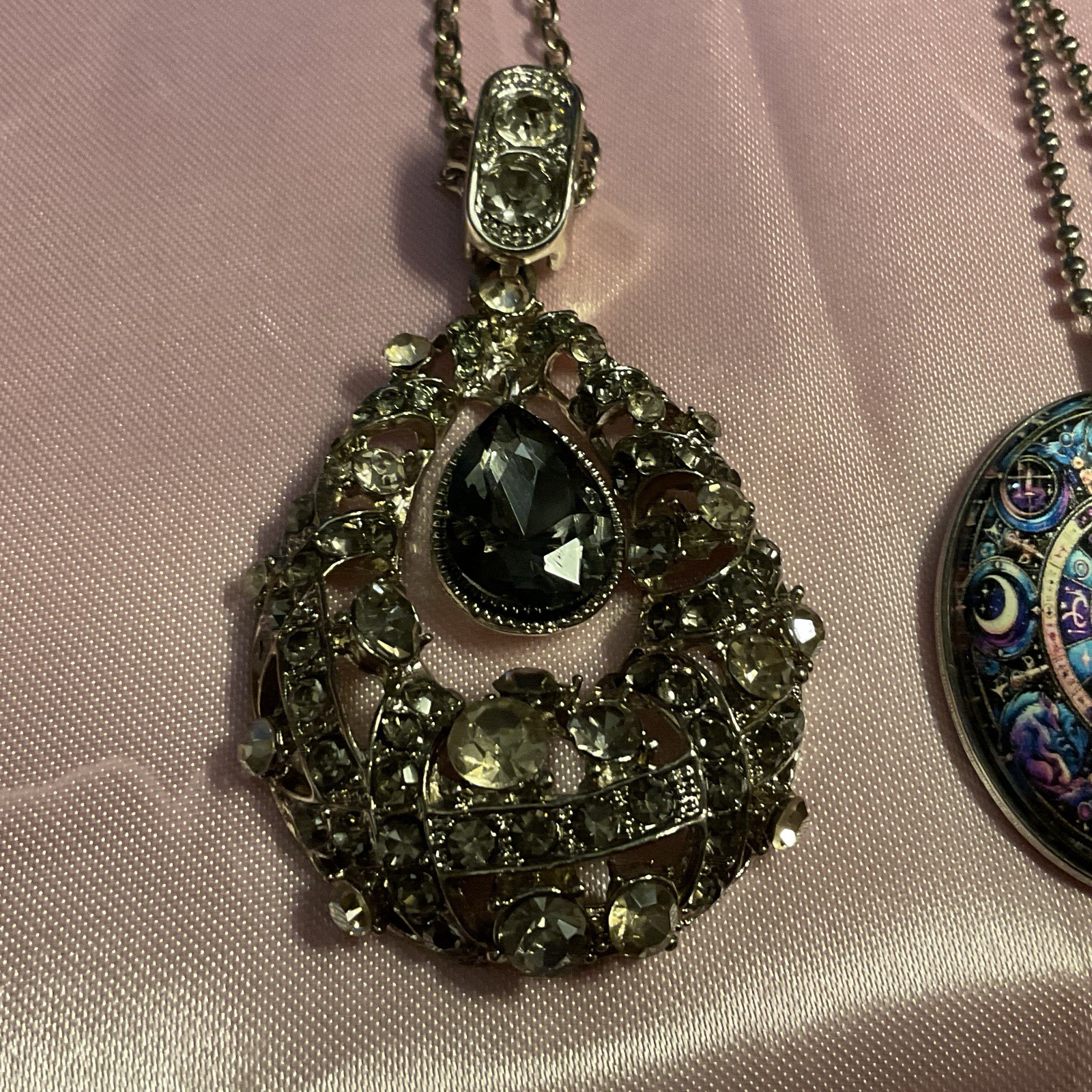 Lot of 3 Silver Tone Pendant Charm Necklaces Crystal Teardrop Black Cord