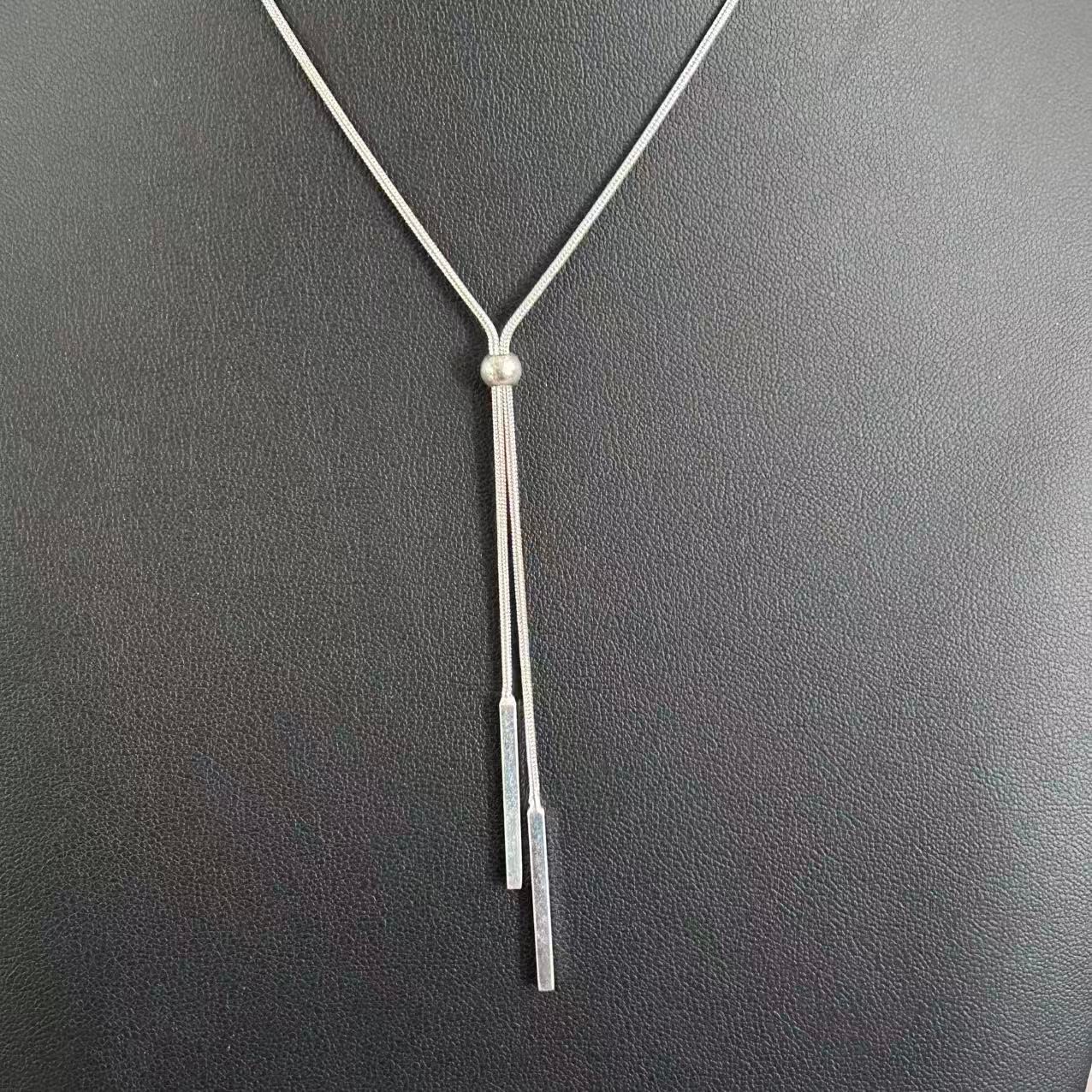 Modern Silver Tone Lariat Y Necklace Snake Chain Sliding Bead Bar Tassel 17-20″