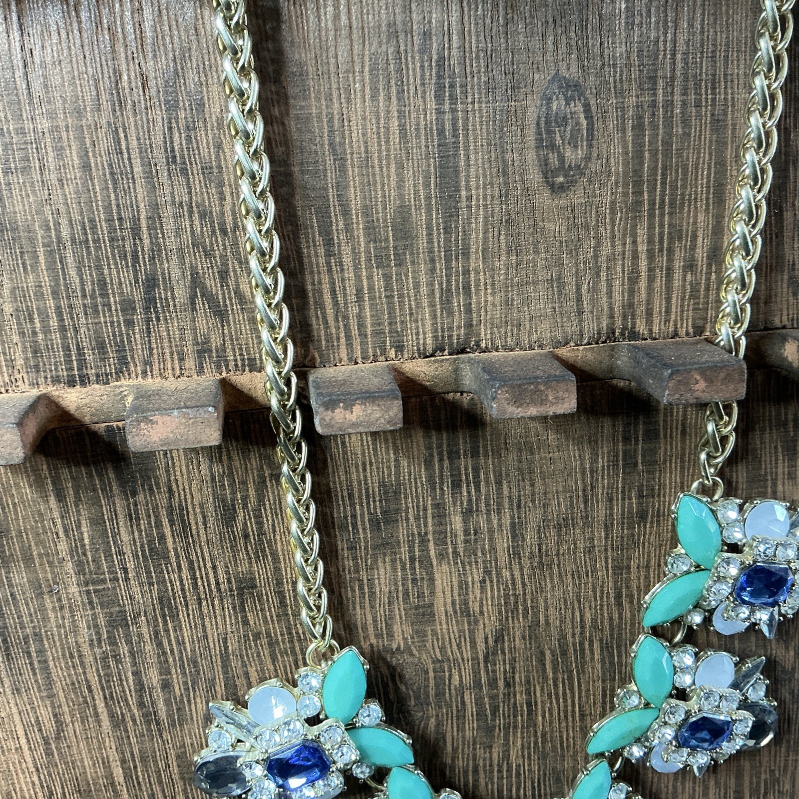 Gold Tone Blingy Statement Collar Necklace Crystal Accents Green Blue Clear