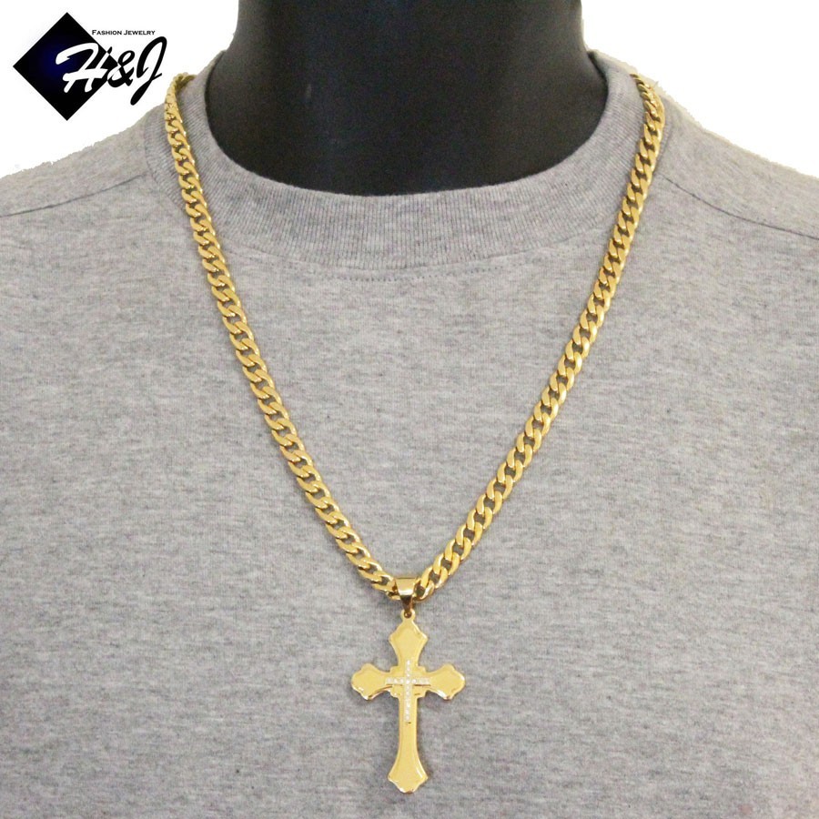 24″MEN Stainless Steel 7mm Gold Plated Cuban Curb Necklace CZ Cross Pendant*SGS