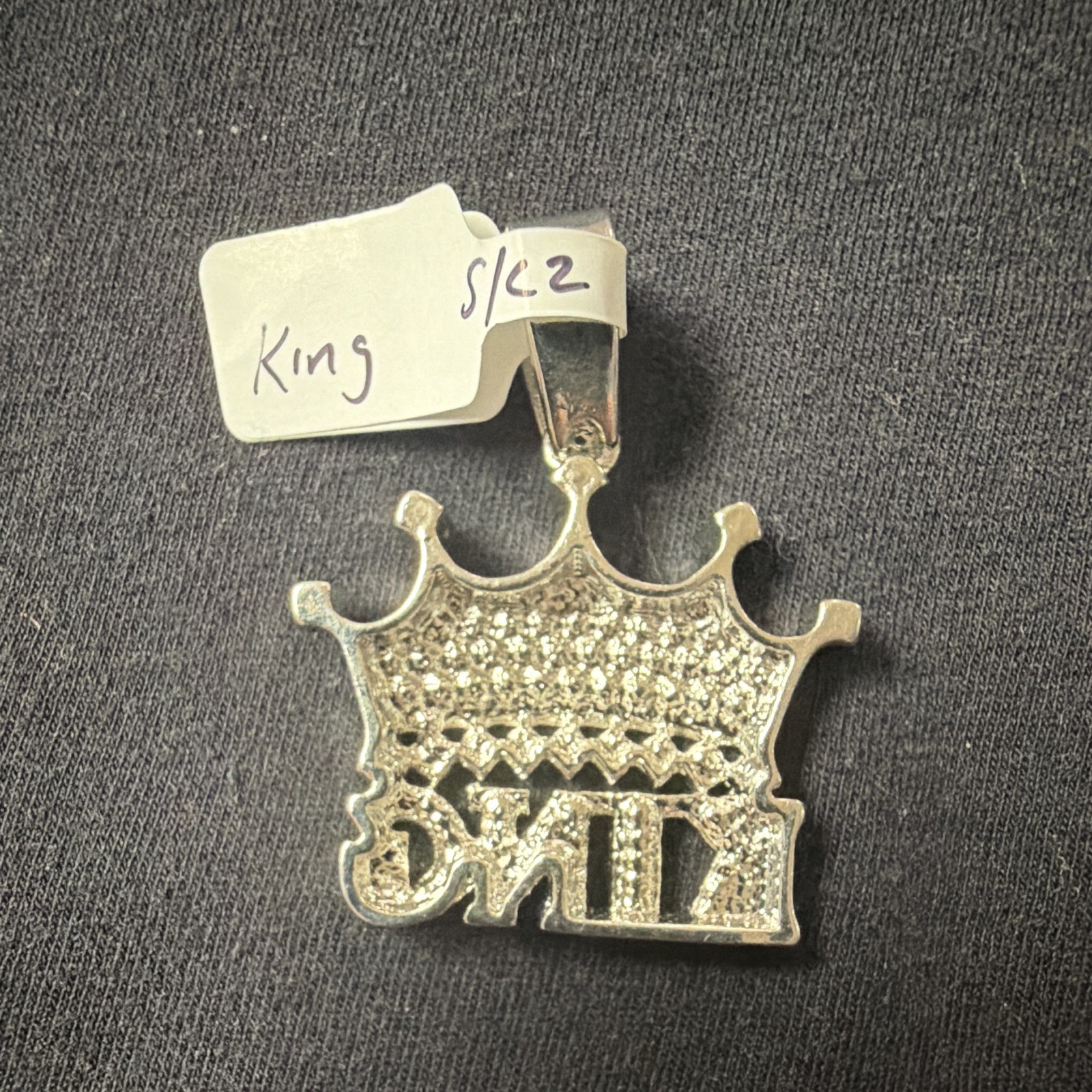 Silver Tone CZ “KING” Crown Pendant Charm, White/Colorless Pavé Hip Hop