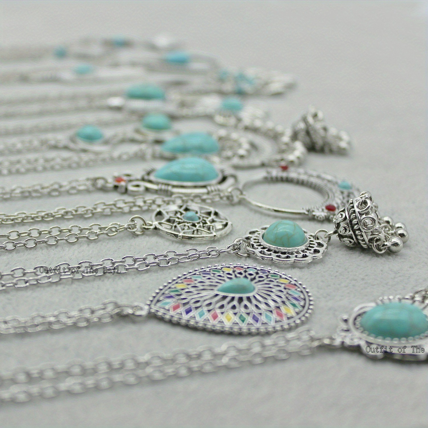 15Pcs Bohemian Vintage Fashion Jewelry Set Ethnic Turquoise Pendant Necklaces