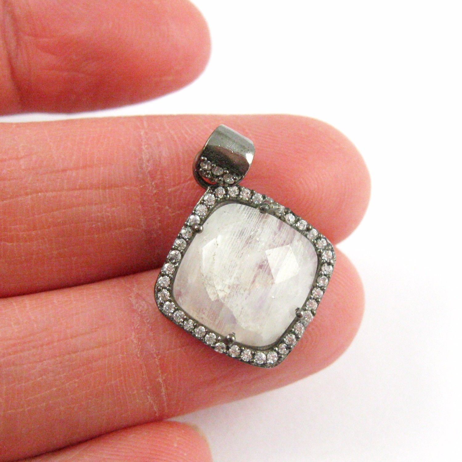 Oxidized Silver Moonstone Bezel Gem Pendant,Cubic Zirconia Pave 17mm