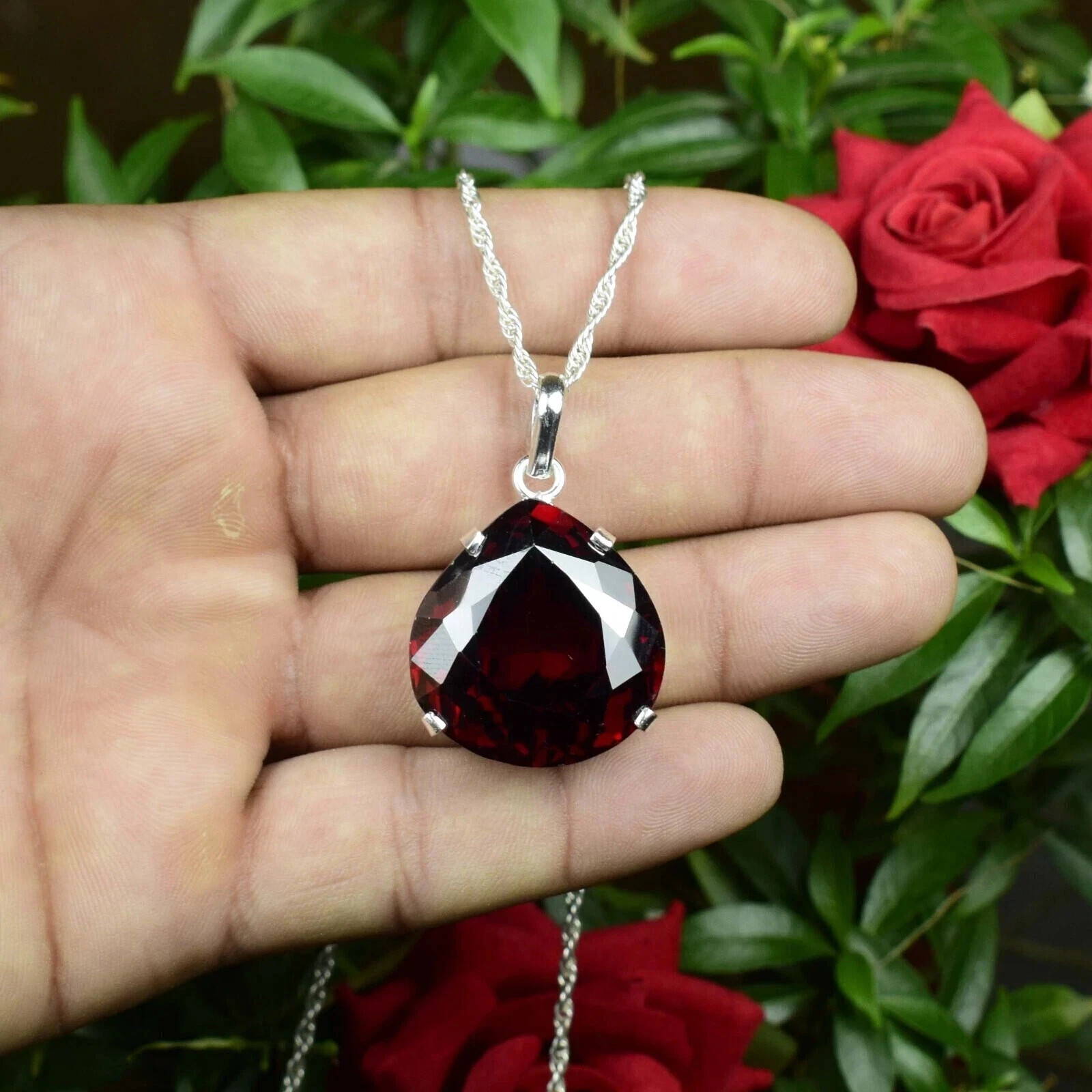 75 Ct Natural Red Zircon Pendant 925 Sterling Silver Pear Cut Gemstone Jewelry