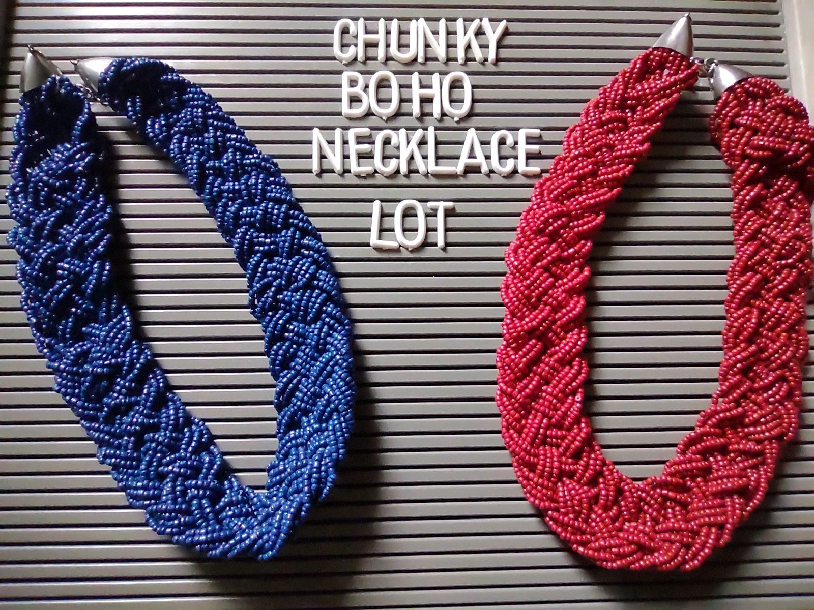 Statement Boho Glass Seed Bead Necklace Jewelry Lot Red Blue Chunky Braided