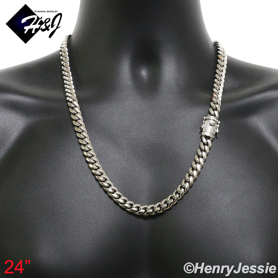 18″-40″MEN Stainless Steel 10mm Silver ICY CZ Miami Cuban Curb Necklace*N158