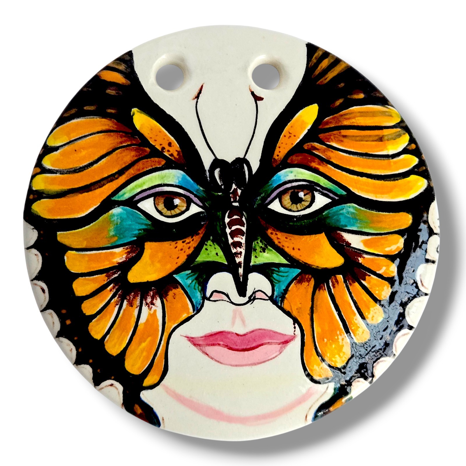 Artisan Monarch Butterfly Mask Woman Face Ceramic Art Pendant Bernice Horowitz